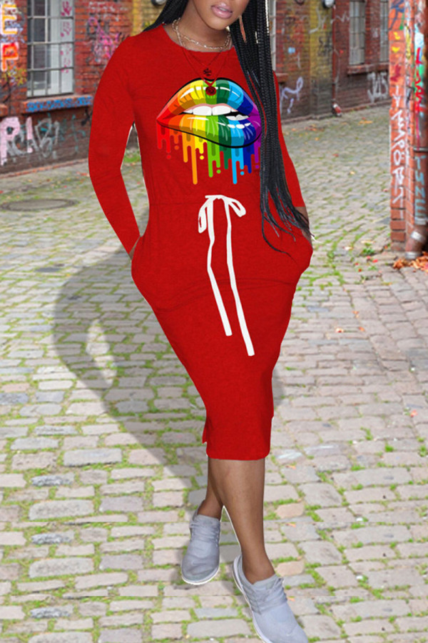 Red Casual Print Patchwork Pocket Frenulum O Neck One Step Skirt Dresses