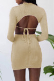 Grey Fashion Sexy Solid Hollowed Out O Neck One Step Skirt Dresses