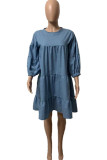 Deep Blue Fashion Casual Solid Patchwork O Neck A Line Dresses