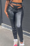 Black Sexy Solid Hollowed Out Patchwork Frenulum Asymmetrical Skinny High Waist Pencil Patchwork Bottoms