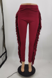 Burgundy Sexy Solid Tassel Skinny High Waist Pencil Solid Color Bottoms