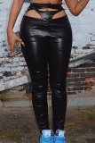 Black Sexy Solid Hollowed Out Patchwork Frenulum Asymmetrical Skinny High Waist Pencil Patchwork Bottoms