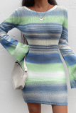 Blue Casual Striped Patchwork O Neck Pencil Skirt Dresses
