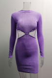 Grey Fashion Sexy Solid Hollowed Out O Neck One Step Skirt Dresses