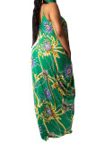 Green Fashion Sexy adult Black Green Pink Orange purple Off The Shoulder Sleeveless Slip Swagger Floor-Length Print Patchwork Dresses