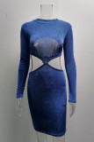 Grey Fashion Sexy Solid Hollowed Out O Neck One Step Skirt Dresses