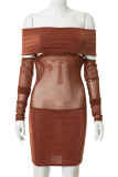 Brown Sexy Patchwork See-through Backless Off the Shoulder Long Sleeve Dresses