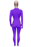 Purple Sexy Casual Solid Hollowed Out Patchwork Turtleneck Skinny Jumpsuits