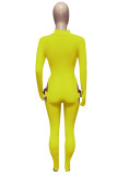 Lemon Yellow Sexy Casual Solid Hollowed Out Patchwork Turtleneck Skinny Jumpsuits