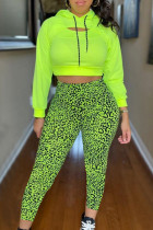 Fluorescent Green Fashion Casual Leopard Printing Hooded Collar Long Sleeve Three-piece Set