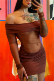 Brown Sexy Patchwork See-through Backless Off the Shoulder Long Sleeve Dresses