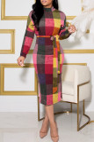 Colour Casual Plaid Print Patchwork With Belt Half A Turtleneck Long Sleeve Dresses
