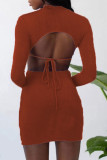 Grey Fashion Sexy Solid Hollowed Out O Neck One Step Skirt Dresses