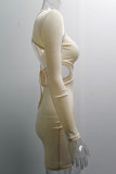 Grey Fashion Sexy Solid Hollowed Out O Neck One Step Skirt Dresses