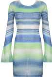 Blue Casual Striped Patchwork O Neck Pencil Skirt Dresses