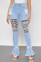 Baby Blue Fashion Street Patchwork Ripped High Waist Denim Jeans