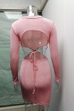 Grey Fashion Sexy Solid Hollowed Out O Neck One Step Skirt Dresses