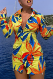 Multicolor Casual Print Patchwork Turndown Collar Shirt Dress Dresses