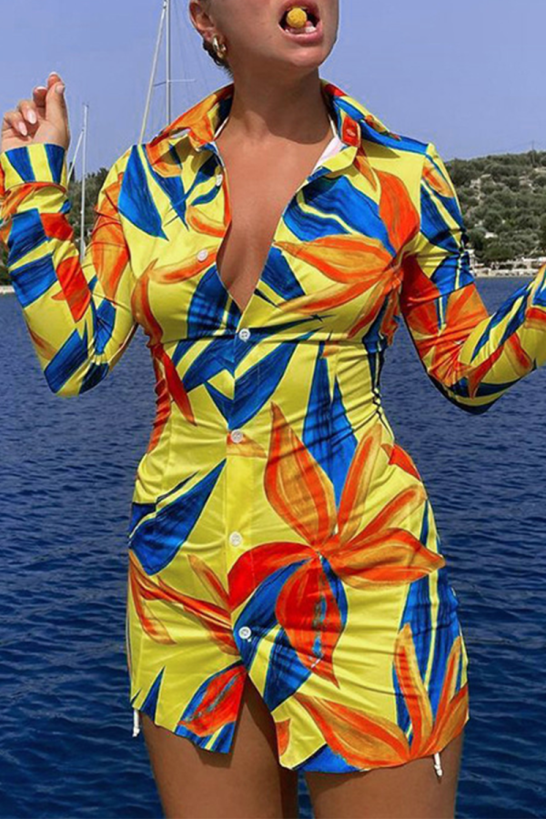 Colour Casual Print Patchwork Turndown Collar Shirt Dress Dresses