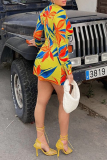 Multicolor Casual Print Patchwork Turndown Collar Shirt Dress Dresses