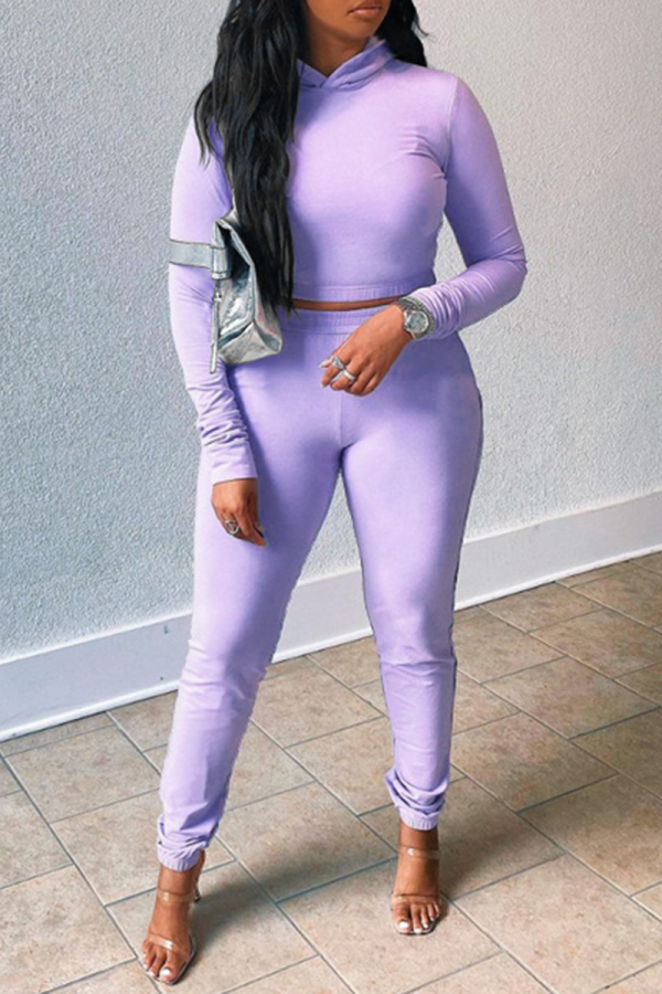 Purple Sexy Solid Patchwork Hooded Collar Long Sleeve Two Pieces