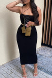Black Fashion Street Solid Spaghetti Strap Pencil Skirt Dresses