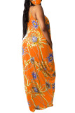 Orange Fashion Sexy adult Black Green Pink Orange purple Off The Shoulder Sleeveless Slip Swagger Floor-Length Print Patchwork Dresses