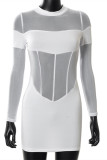 White Fashion Sexy Patchwork See-through O Neck Long Sleeve Dresses