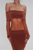 Brown Sexy Patchwork See-through Backless Off the Shoulder Long Sleeve Dresses