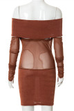 Brown Sexy Patchwork See-through Backless Off the Shoulder Long Sleeve Dresses