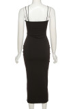 Black Fashion Street Solid Spaghetti Strap Pencil Skirt Dresses
