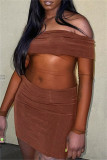 Brown Sexy Patchwork See-through Backless Off the Shoulder Long Sleeve Dresses