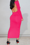 Rose Red Fashion Sexy Solid Backless O Neck One Step Skirt Dresses