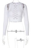 White Fashion Street Solid Hollowed Out O Neck Tops