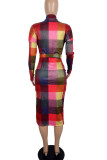 Colour Casual Plaid Print Patchwork With Belt Half A Turtleneck Long Sleeve Dresses
