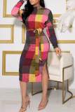Colour Casual Plaid Print Patchwork With Belt Half A Turtleneck Long Sleeve Dresses