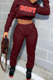 Burgundy Casual Print Patchwork Hooded Collar Long Sleeve Two Pieces