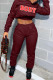 Burgundy Casual Print Patchwork Hooded Collar Long Sleeve Two Pieces