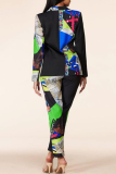Black Casual Print Patchwork Turndown Collar Long Sleeve Two Pieces