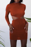 Grey Fashion Sexy Solid Hollowed Out O Neck One Step Skirt Dresses