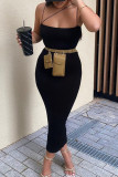 Black Fashion Street Solid Spaghetti Strap Pencil Skirt Dresses