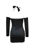Black White Fashion Sexy Patchwork Hollowed Out Backless Halter Long Sleeve Dresses