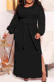 Tangerine Red Casual Solid Bandage Slit O Neck Pencil Skirt Dresses
