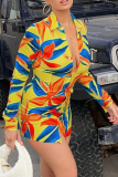 Multicolor Casual Print Patchwork Turndown Collar Shirt Dress Dresses