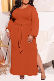 Tangerine Red Casual Solid Bandage Slit O Neck Pencil Skirt Dresses