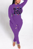 Purple Street Print O Neck Long Sleeve Two Pieces