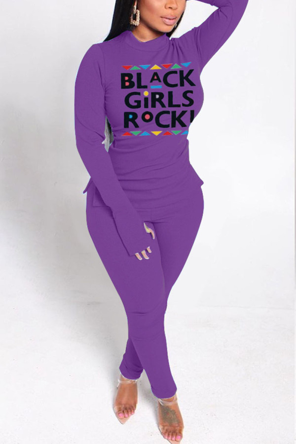 Purple Street Print O Neck Long Sleeve Two Pieces