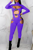 Purple Sexy Casual Solid Hollowed Out Patchwork Turtleneck Skinny Jumpsuits