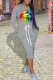 Grey Casual Print Patchwork Pocket Frenulum O Neck One Step Skirt Dresses