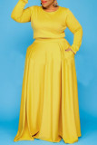 Yellow Fashion Casual Solid Split Joint O Neck Plus Size Two Pieces